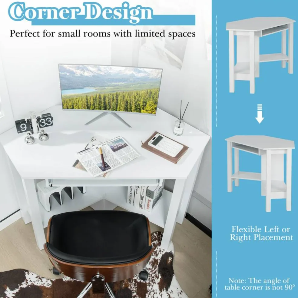 Costway Wooden Corner Desk With Drawer Computer PC Table Study Office Room White