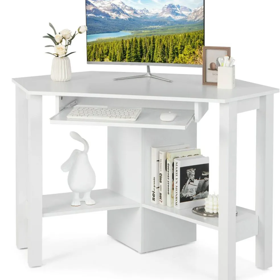 Costway Wooden Corner Desk With Drawer Computer PC Table Study Office Room White