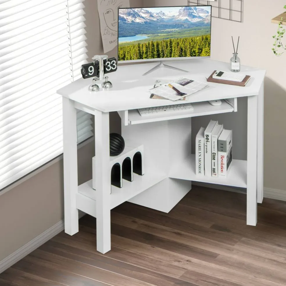 Costway Wooden Corner Desk With Drawer Computer PC Table Study Office Room White