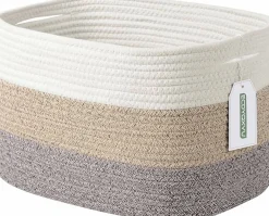 Cotton Rope Storage Basket, 15x10x9 Inches, Woven Basket for Shelves, Clothes, Towels, Books, and Laundry, White Brown (1 Pack)