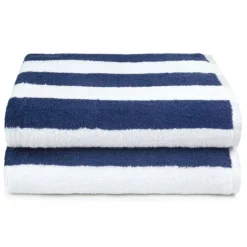 100% Cotton Soft & Absorbent Beach Towels, Cabana Stripe, Fast Drying, Machine Washable, Large 30 in x 60 in, Navy Blue, 2-Pack