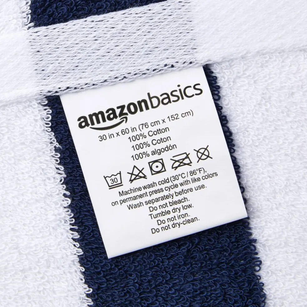 100% Cotton Soft & Absorbent Beach Towels, Cabana Stripe, Fast Drying, Machine Washable, Large 30 in x 60 in, Navy Blue, 2-Pack
