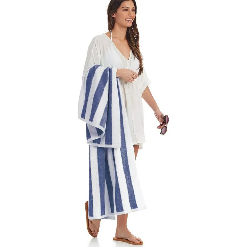 100% Cotton Soft & Absorbent Beach Towels, Cabana Stripe, Fast Drying, Machine Washable, Large 30 in x 60 in, Navy Blue, 2-Pack