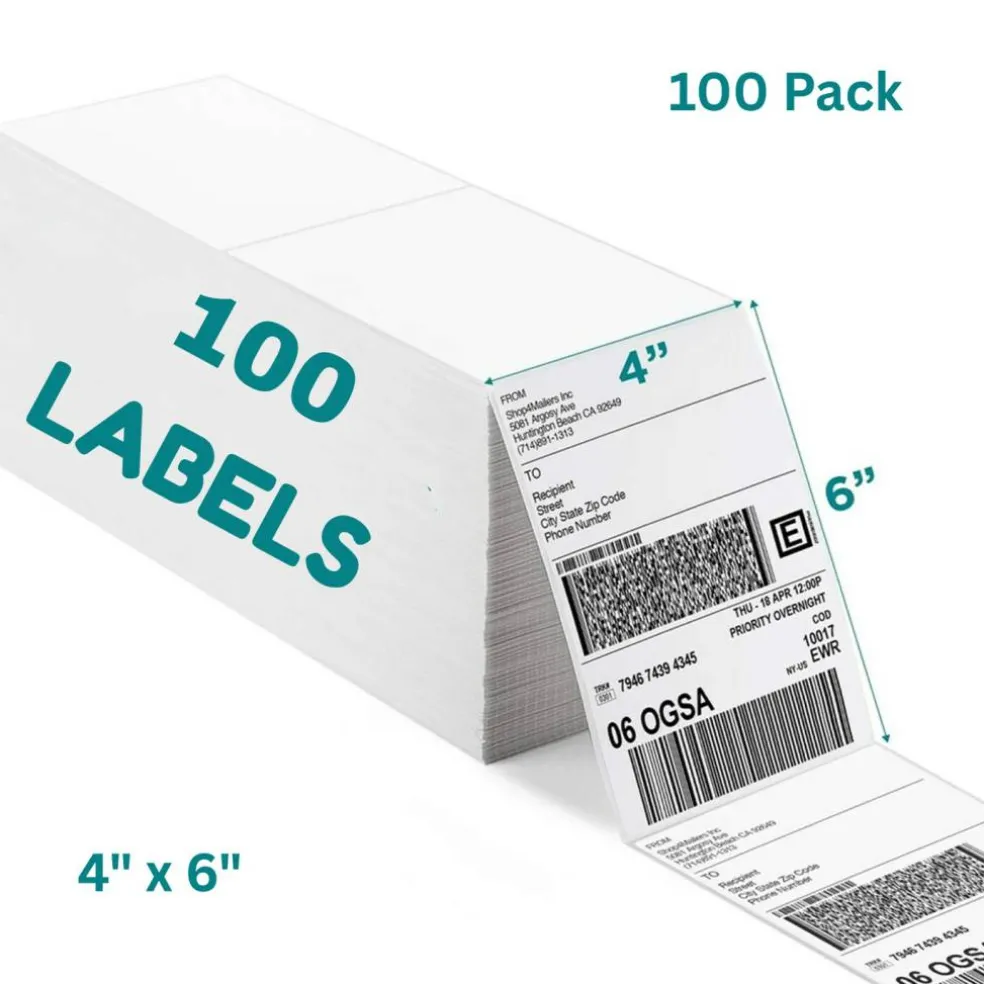 100 Count Fanfold Direct Thermal White Adhesive Perforated Shipping Labels 4" x 6"