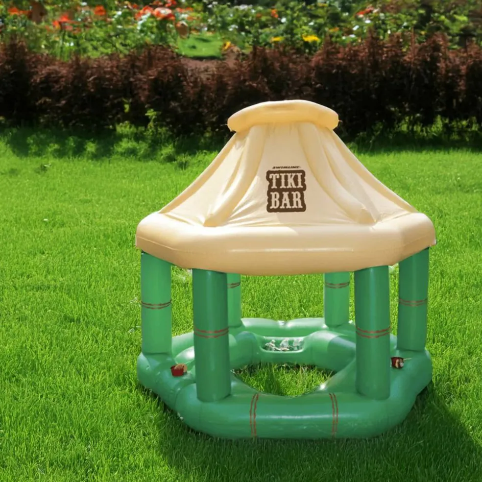 7.5' Cream and Green Tropical Inflatable Swimming Pool Floating Tiki Bar