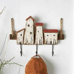 Cream Wood Handmade Distressed House 3 Hanger Wall Hook with Red Roof Accents and Hanging Rope