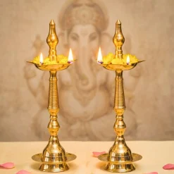 2 Ct Brass Oil Lamp Diya Samai Deepak Lamp Kerala Traditional Kutthu Vilakku Panchmahal Deepam for Home Temple Mandir Office Diwali Decoration - Deepawali Return Gift