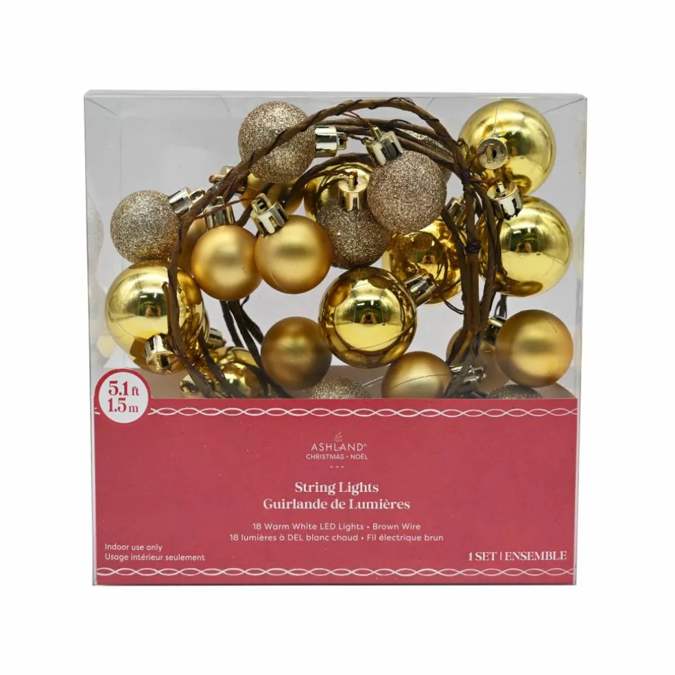 18ct. Warm White LED Gold Ornament Garland String Lights on Brown Wire by Ashland®