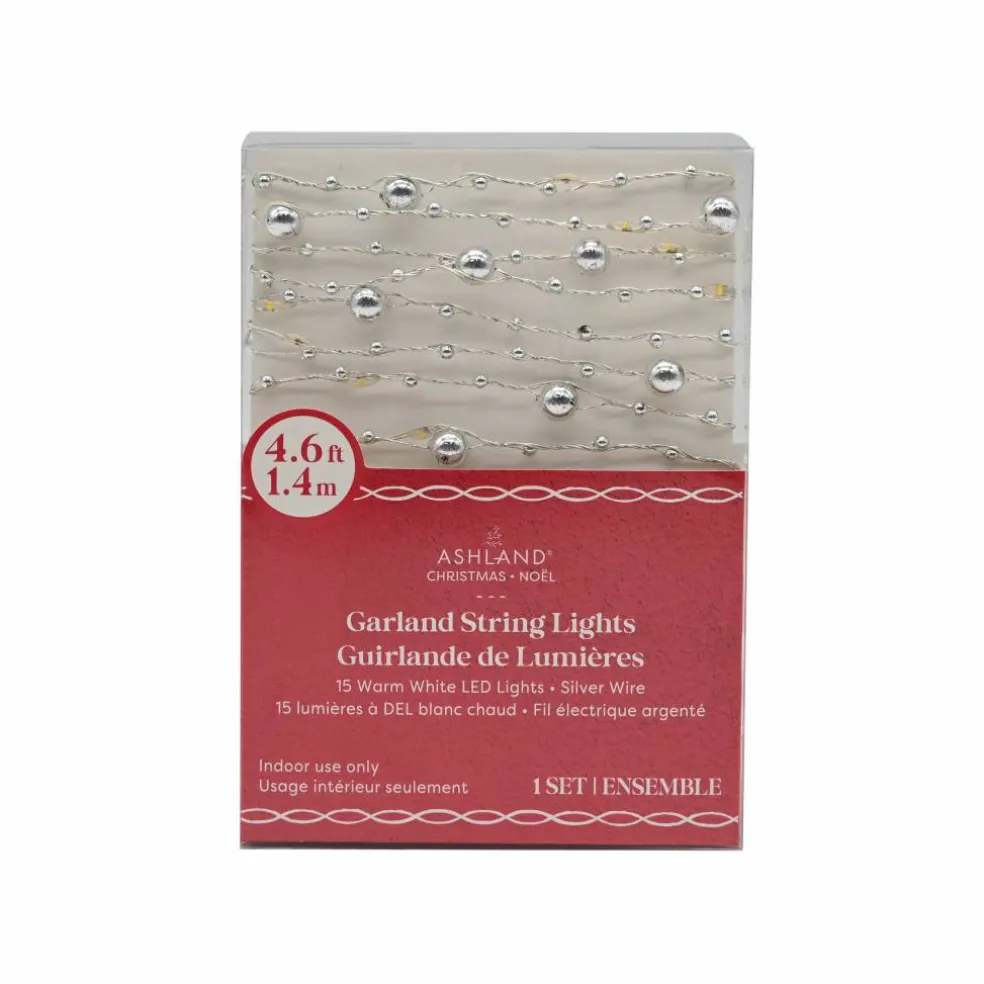 15ct. Warm White LED Metallic Silver Bead Garland String Lights on Silver Wire by Ashland®
