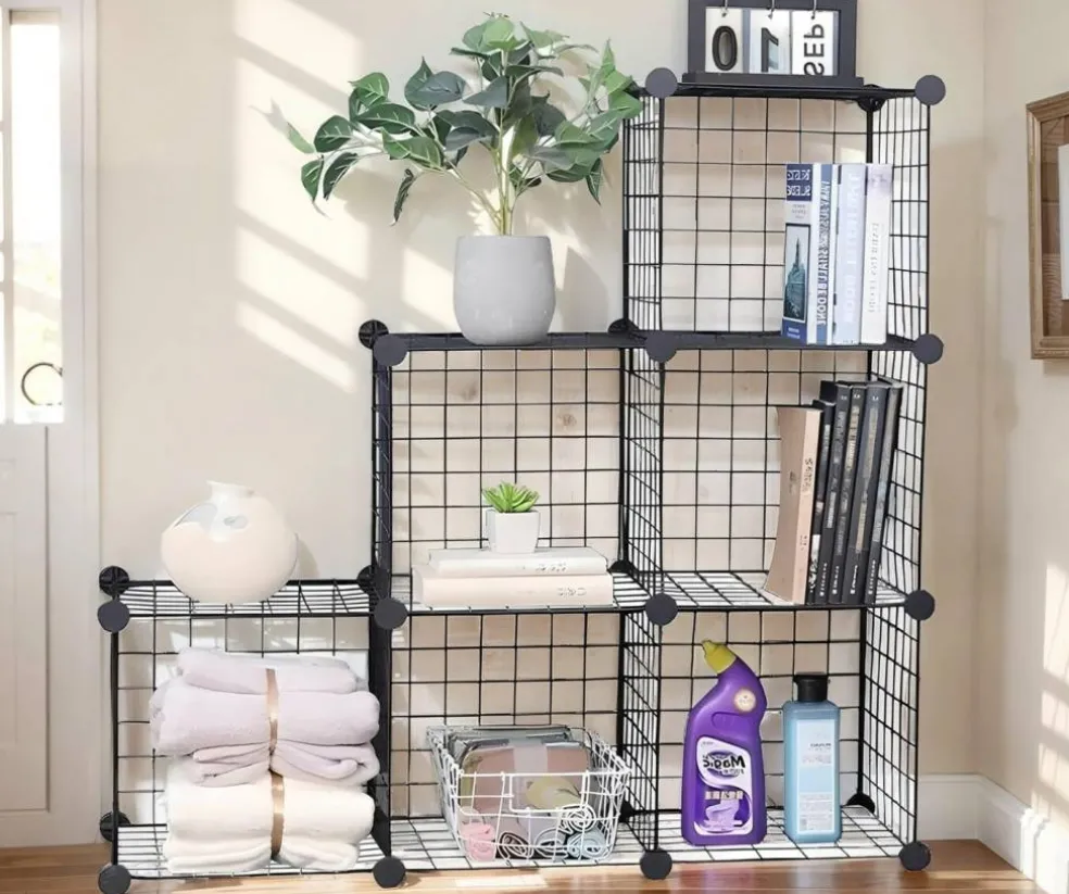 Cube Storage Organizer,6 Cube Closet Organizers and Storage,Wire Metal Grids Bookshelf,Stackable Modular Shelves,Cube Storage Organizer Bins for Home,Office,Kids Room,Black