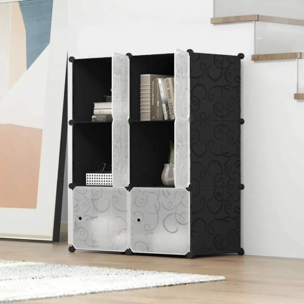 Cube Storage Organizer with Doors, Plastic 6-Cube Storage with Doors for Livingroom, Bedroom and Office (Black)