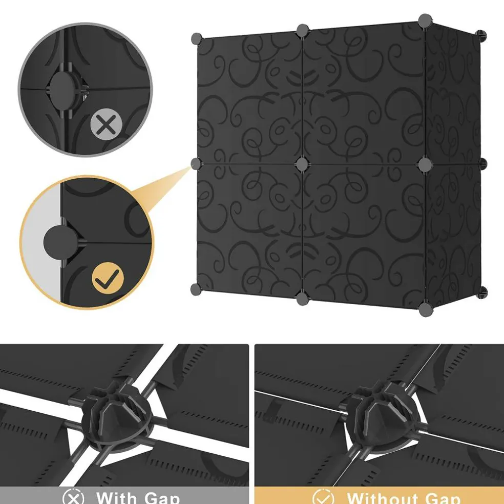 Cube Storage Organizer with Doors, Plastic 6-Cube Storage with Doors for Livingroom, Bedroom and Office (Black)
