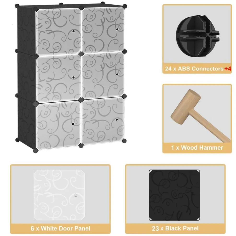 Cube Storage Organizer with Doors, Plastic 6-Cube Storage with Doors for Livingroom, Bedroom and Office (Black)