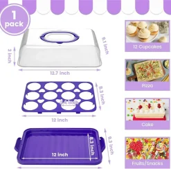 Cupcake and Cake Container with Lid, 12 Capacity Cup Cake Portable Carrier Dessert Holder with Handle for Family Picnics and Party Events, 2-in-1 Design, Purple