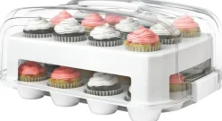 Cupcake Carrier, White Cupcake Holder Carries 24 Standard-Size Cupcakes, Muffin Traveler Two Tier Stand Reusable Cupcake Box