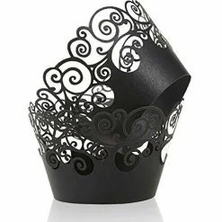 Cupcake Wrappers, KPOSIYA 50 Pack Cupcake Wraps Filigree Artistic Bake Cake Paper Cup Little Vine Laser Cut Liner Baking Cups Muffin Case Trays for Wedding Party Birthday Decoration (50, Black)