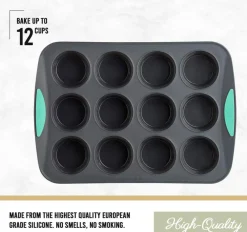 12-Cup Silicone Muffin Pan with Hard Lining, Nonstick & Heat-Resistant, Grey/Mint