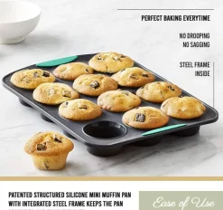 12-Cup Silicone Muffin Pan with Hard Lining, Nonstick & Heat-Resistant, Grey/Mint