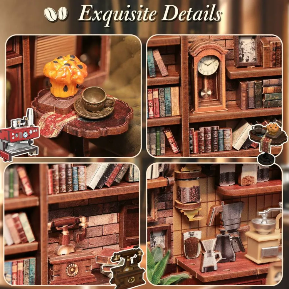 CUTEBEE® Book Nook Kit Corner Coffee Shop DIY Miniature House Shelf Insert Decor Diorama Kit