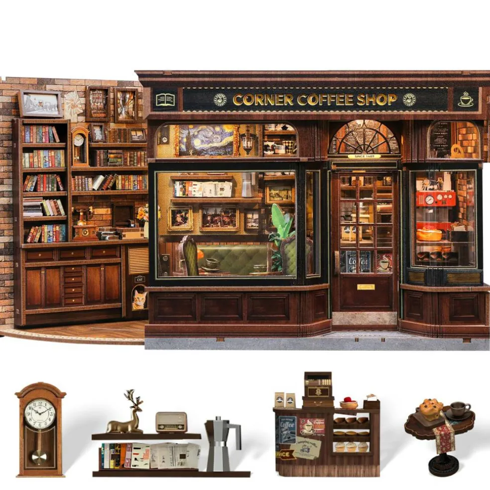 CUTEBEE® Book Nook Kit Corner Coffee Shop DIY Miniature House Shelf Insert Decor Diorama Kit