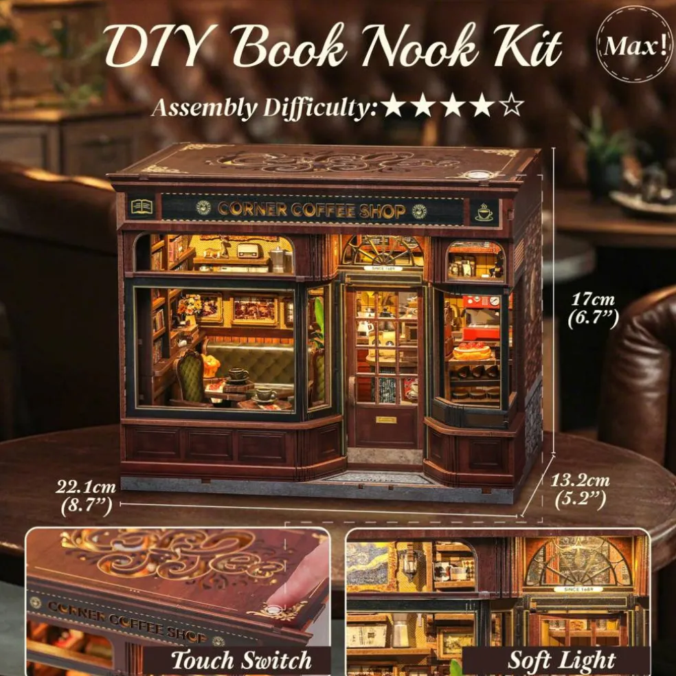 CUTEBEE® Book Nook Kit Corner Coffee Shop DIY Miniature House Shelf Insert Decor Diorama Kit