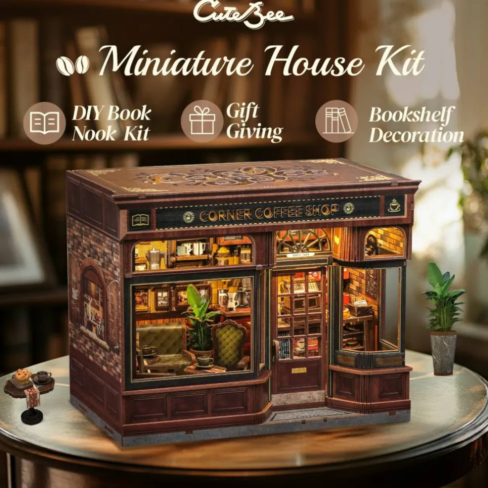 CUTEBEE® Book Nook Kit Corner Coffee Shop DIY Miniature House Shelf Insert Decor Diorama Kit