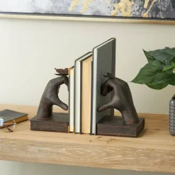 7.5" Dark Brown Hands Heart Inspired Decorative Bookend Set with Butterfly & Copper Accents