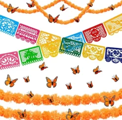 Day of The Dead Decor with 24 Pcs Monarch Butterfly 3 Artificial Marigold Flowers (Orange, Red, Green, Blue)