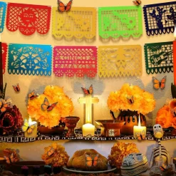 Day of The Dead Decor with 24 Pcs Monarch Butterfly 3 Artificial Marigold Flowers (Orange, Red, Green, Blue)