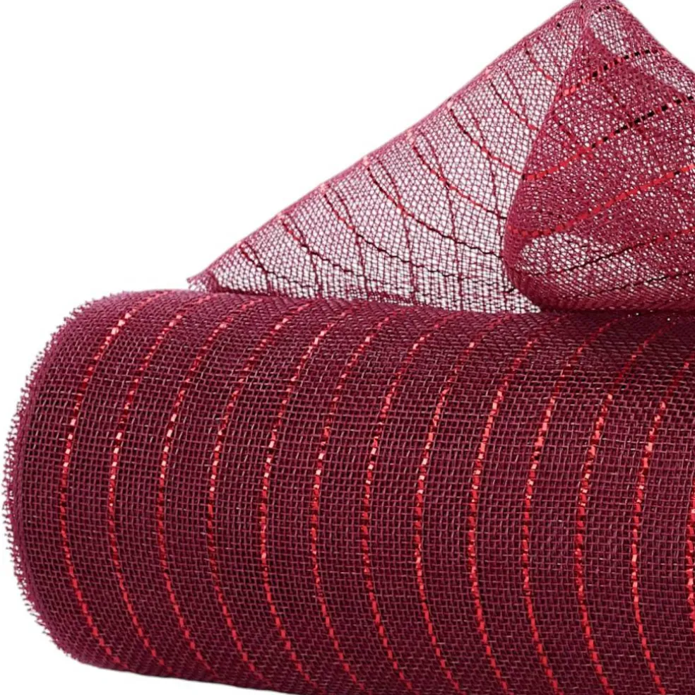 Deco Poly Mesh: 10.25" Fine Weave Metallic Mesh for Wreath Making and Decorations (Burgundy, Red Foil)
