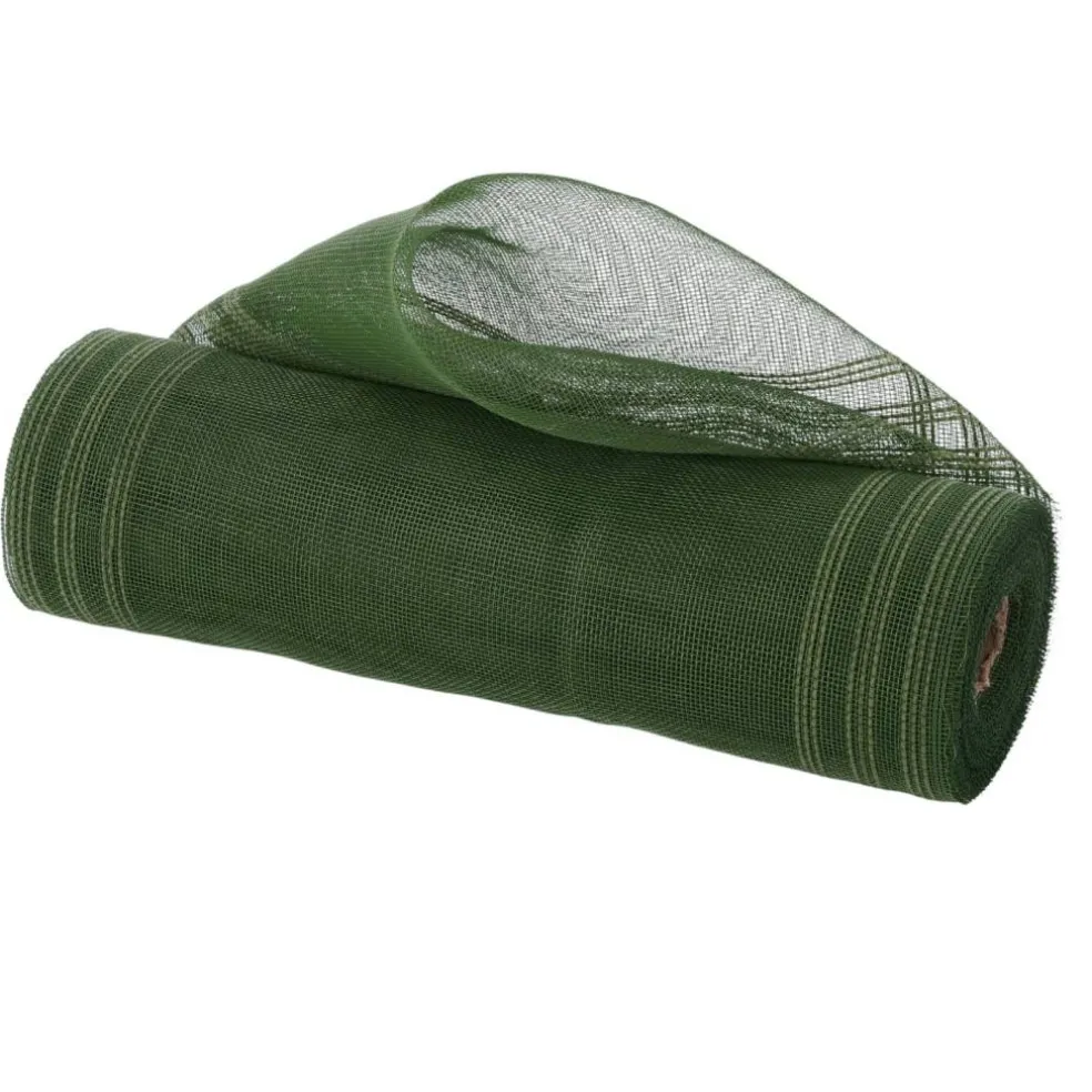 Deco Poly Mesh: Low-Fray Moss Green Fine Weave Border Stripe Mesh, Faux Jute