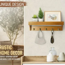 Decorative Key Holder for Wall with Shelf: Farmhouse Mail Rack with 5 Sturdy Key Hooks for Home Decor, Apartment, Entryway and Hallway (Light Brown)