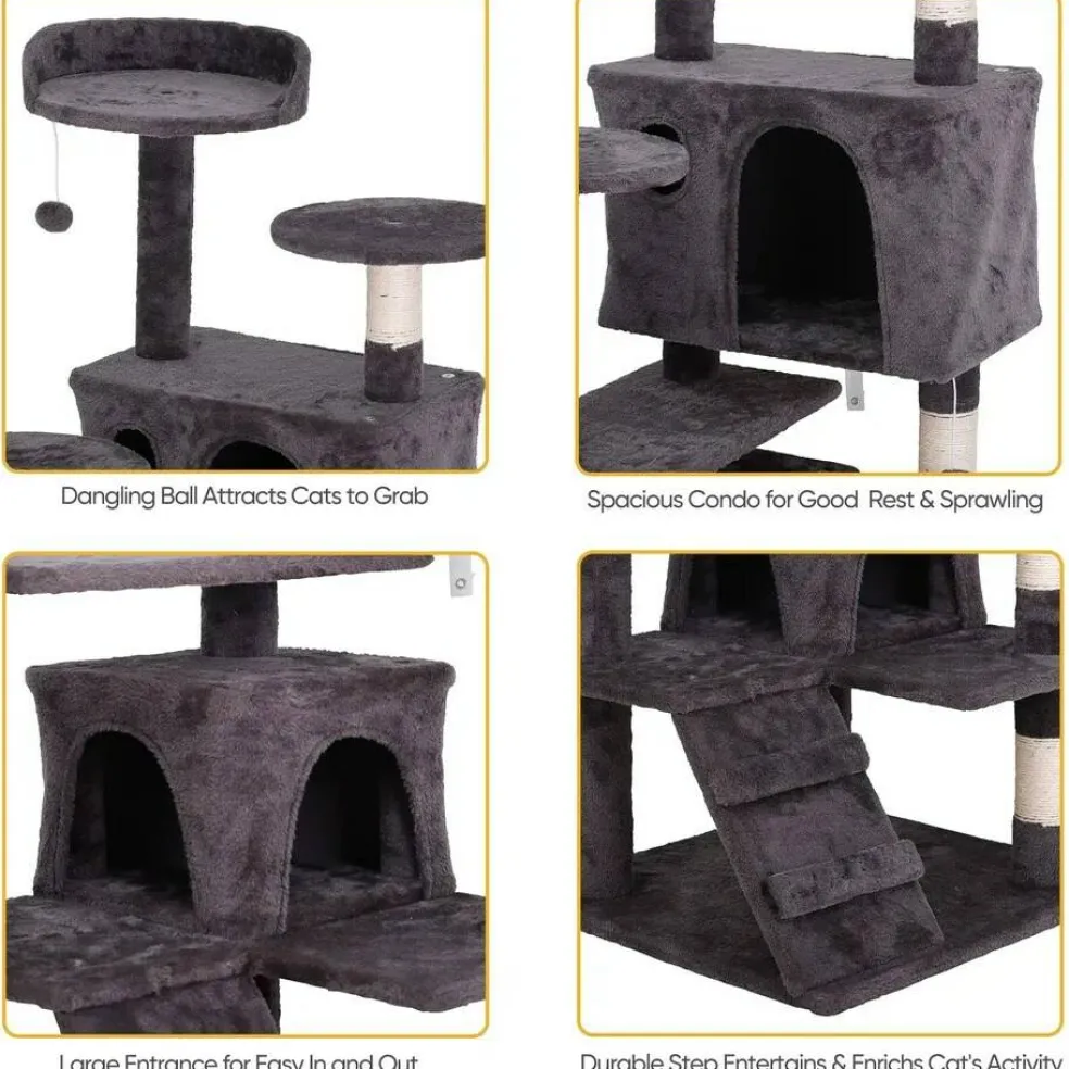 Deep Grey 53" Cat Tree Tower Activity Bed Playing House Condo Home