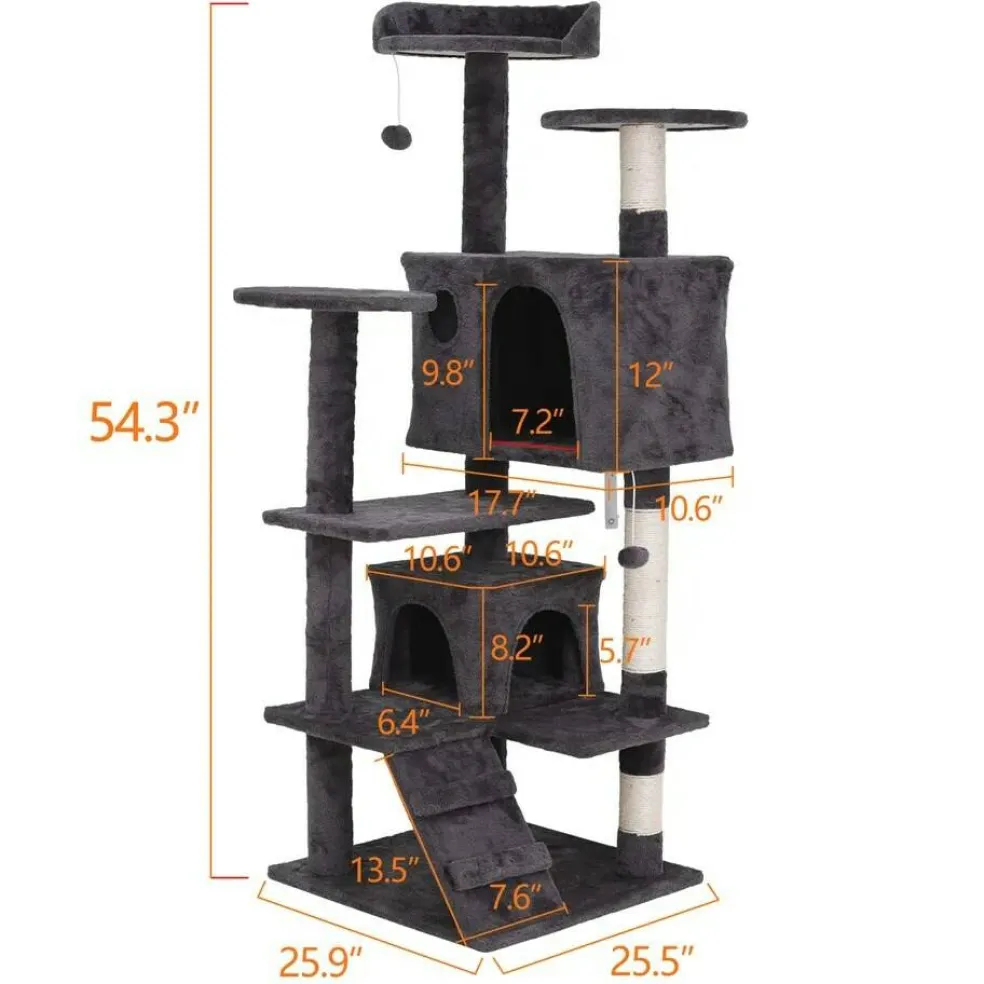 Deep Grey 53" Cat Tree Tower Activity Bed Playing House Condo Home
