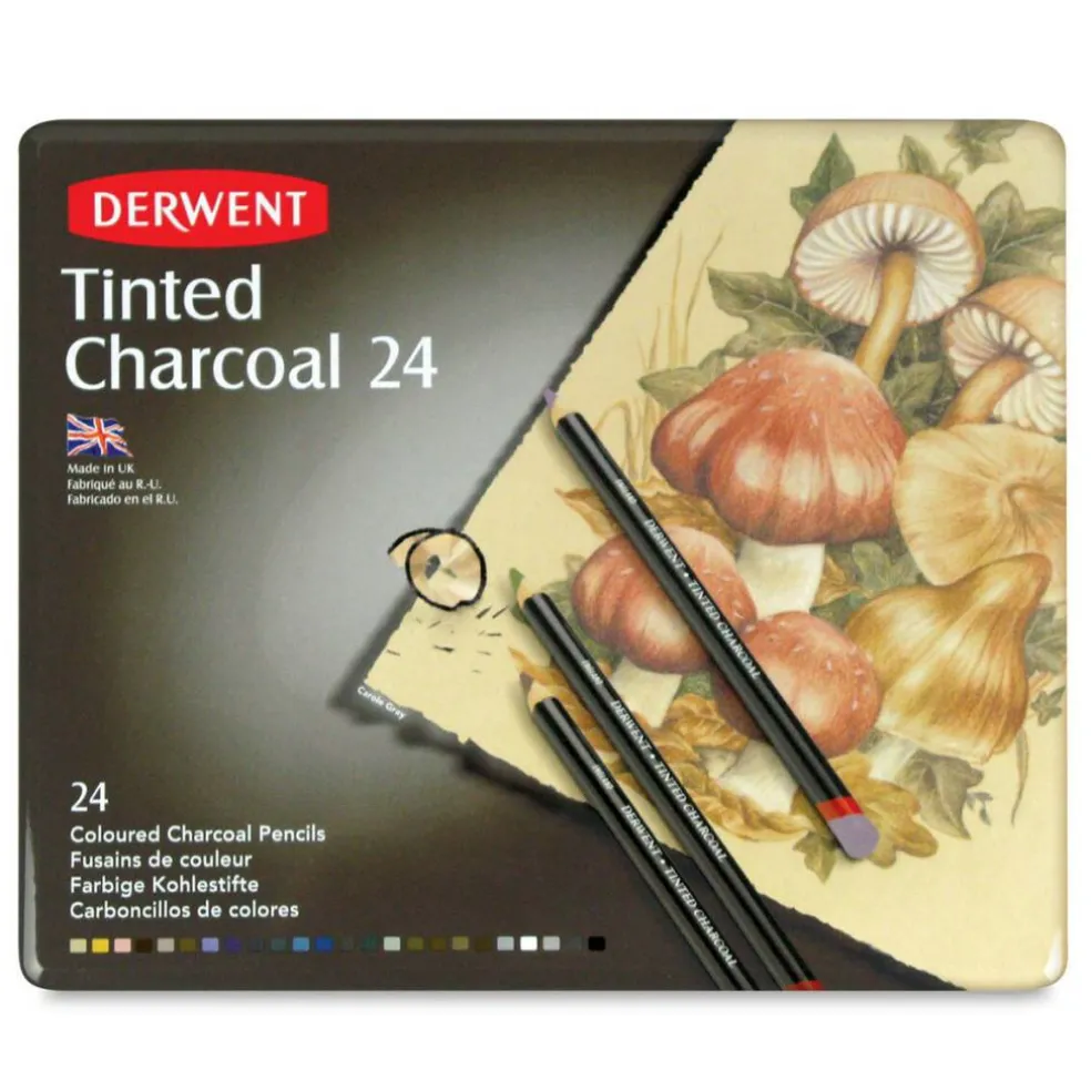 Derwent Tinted Charcoal Pencil Set - Assorted Colors, Tin Box, Set of 24