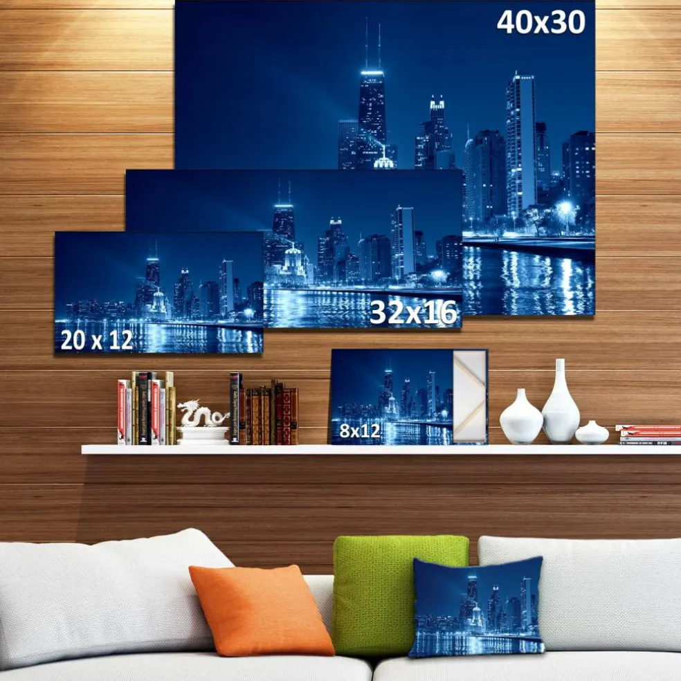 Designart - Blue Chicago Skyline Night - Cityscape Photo Canvas Print