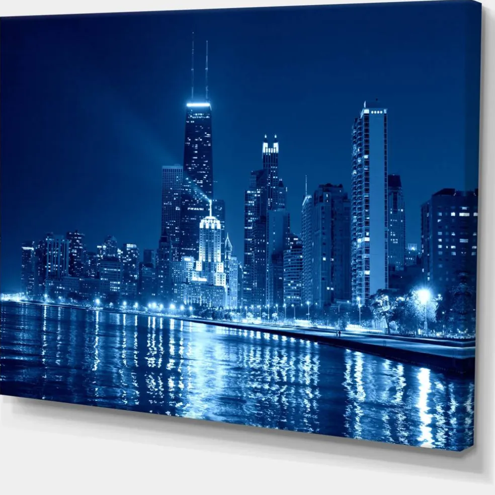 Designart - Blue Chicago Skyline Night - Cityscape Photo Canvas Print