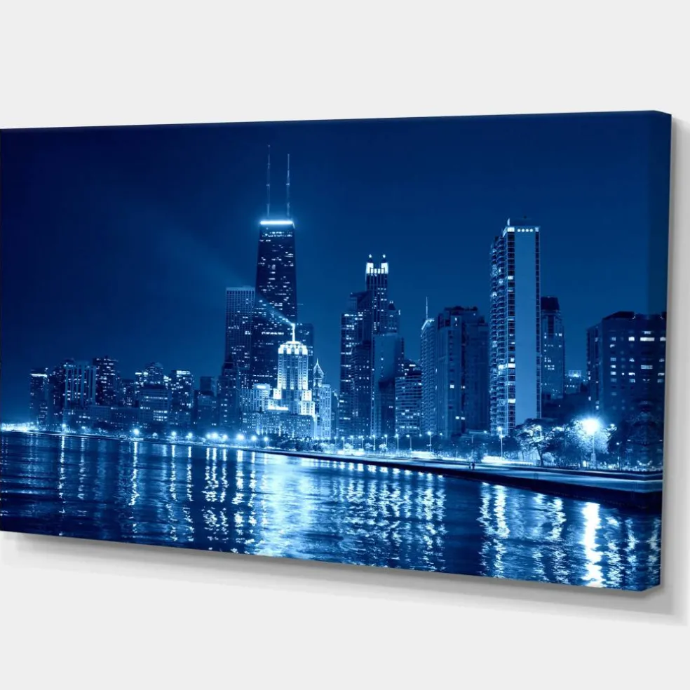 Designart - Blue Chicago Skyline Night - Cityscape Photo Canvas Print
