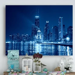 Designart - Blue Chicago Skyline Night - Cityscape Photo Canvas Print