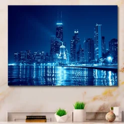 Designart - Blue Chicago Skyline Night - Cityscape Photo Canvas Print