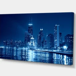 Designart - Blue Chicago Skyline Night - Cityscape Photo Canvas Print