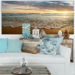 Designart - Bright Cloudy Sunset in Calm Ocean - Seashore Canvas Art Print