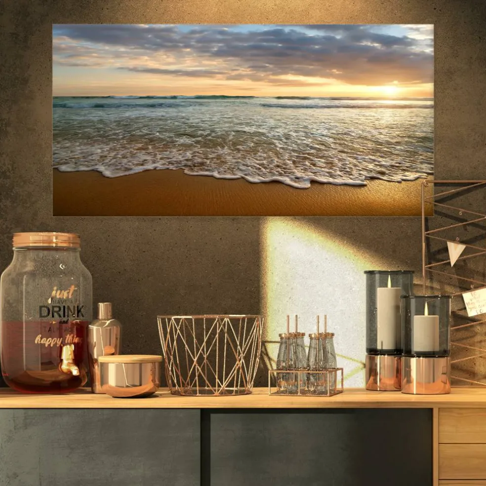 Designart - Bright Cloudy Sunset in Calm Ocean - Seashore Canvas Art Print