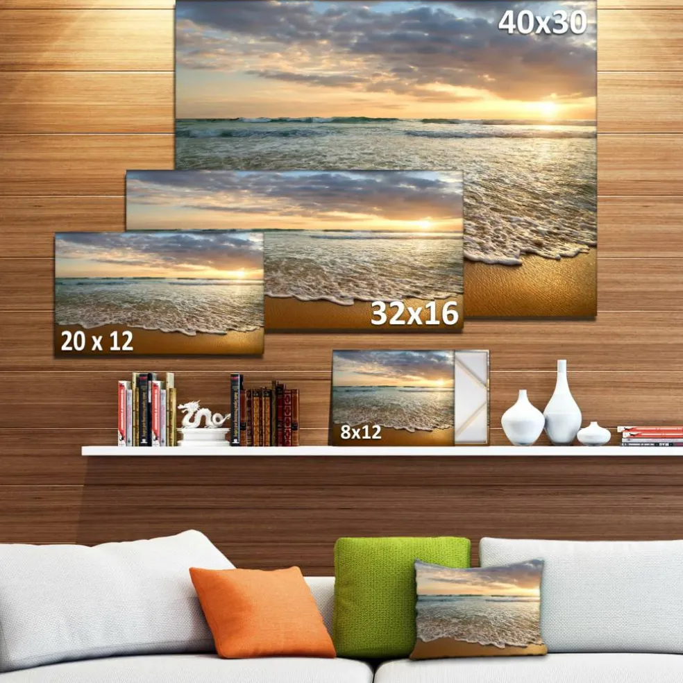 Designart - Bright Cloudy Sunset in Calm Ocean - Seashore Canvas Art Print