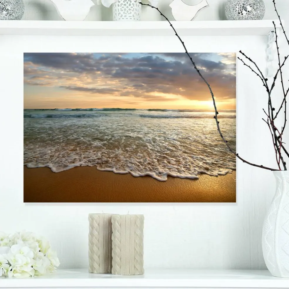 Designart - Bright Cloudy Sunset in Calm Ocean - Seashore Canvas Art Print