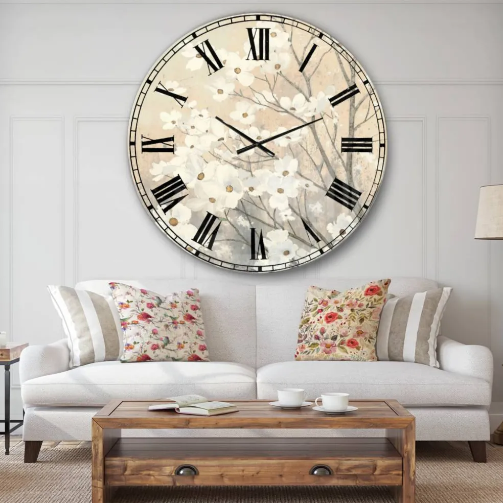Designart 'Brown Onn Grey Blossoms Traditional Wall Clock