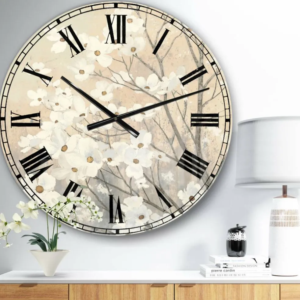 Designart 'Brown Onn Grey Blossoms Traditional Wall Clock