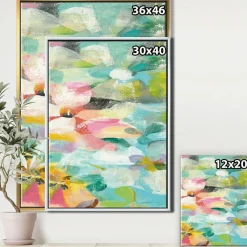 Designart - Handpainted Abstract Flowers in Blue and Pink - Cabin & Lodge Canvas in Gold Frame