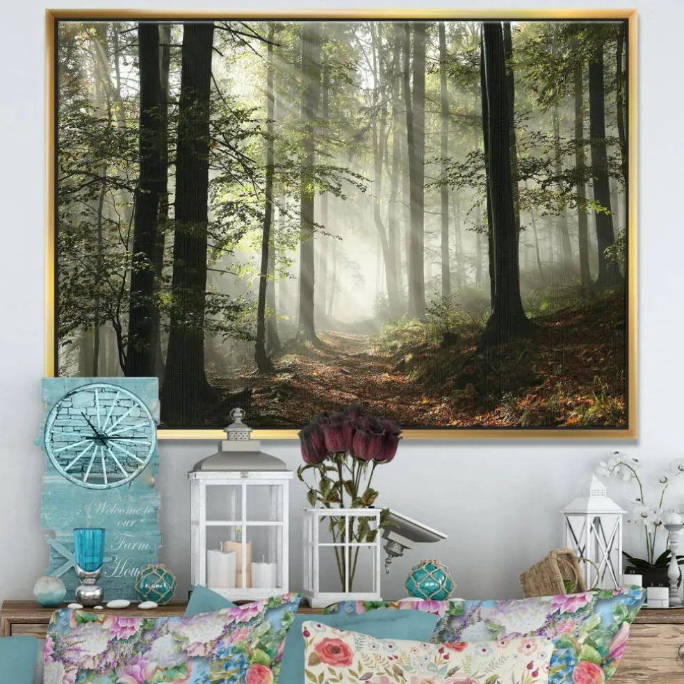 Designart - Light in Dense Fall Forest with Fog - Landscape Art Print Framed Canvas