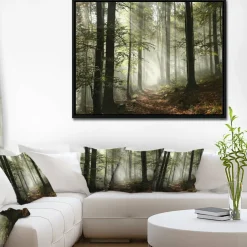 Designart - Light in Dense Fall Forest with Fog - Landscape Art Print Framed Canvas